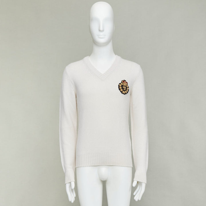 DOLCE GABBANA cream cashmere gold varsity badge v-neck sweater IT46 S