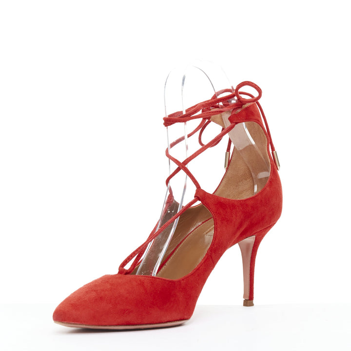 AQUAZZURA Christy 75 red suede leather lace up mid pumps EU39.5