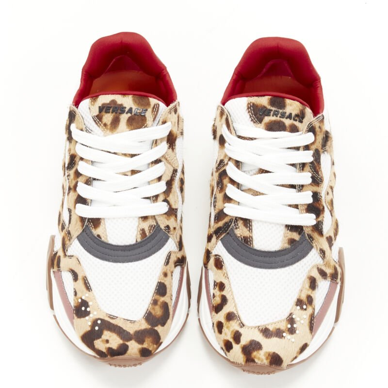 VERSACE Squalo brown leopard calfskin white mesh chunky sneakers EU41 US8