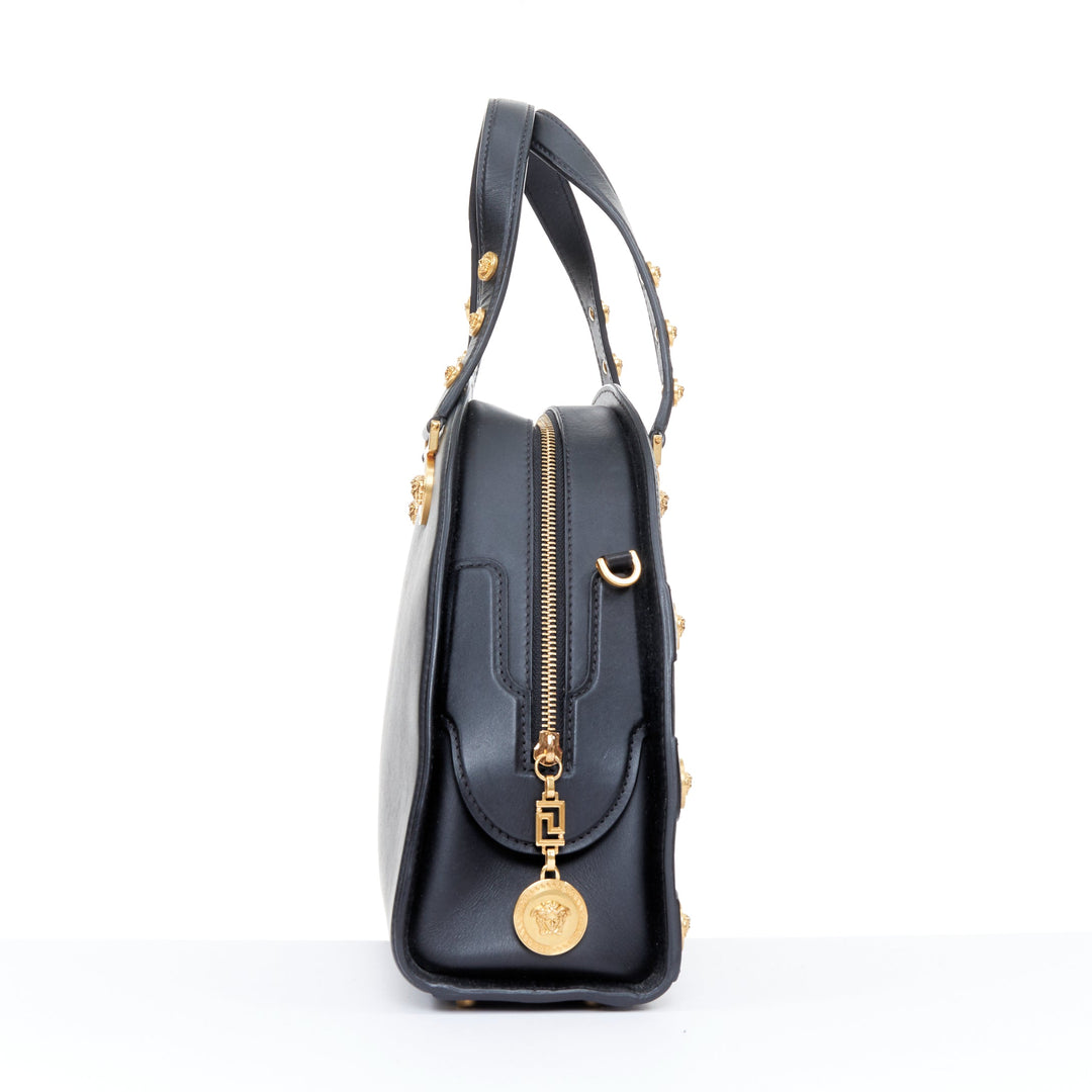 VERSACE 2018 Runway Tribute Medallion bondage black leather bowling bag