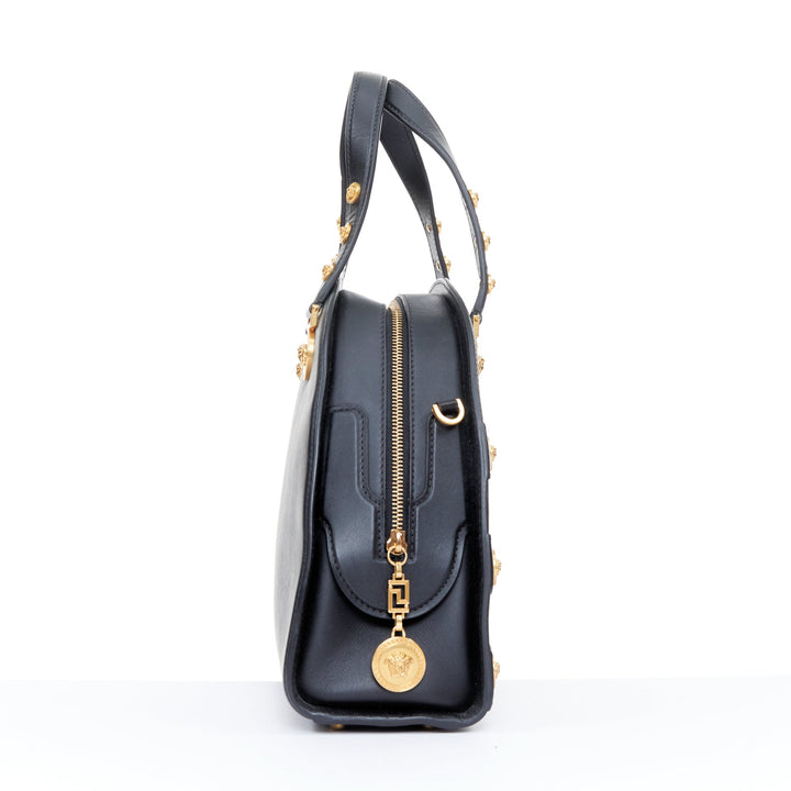 VERSACE 2018 Runway Tribute Medallion bondage black leather bowling bag