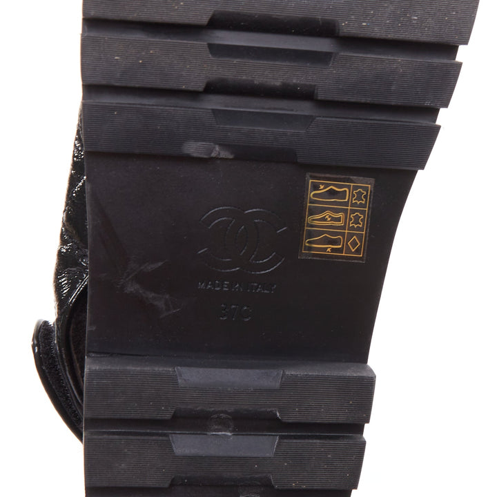 CHANEL 2023 black laminated lambskin shearling crystal CC dad sandals EU37