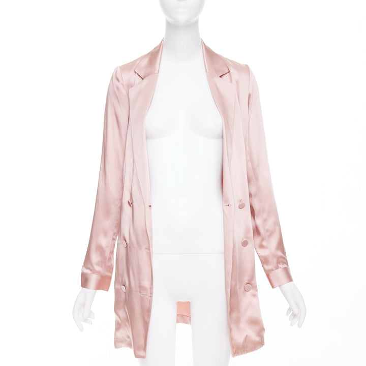 FLEUR DU MAL pink silky double breasted pocketed longline blazer coat US0 XS