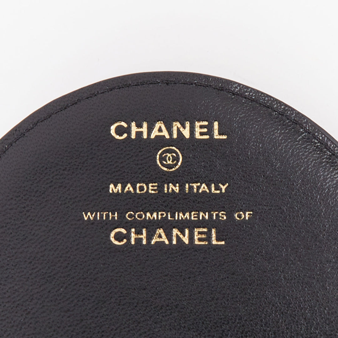 CHANEL black quilted lambskin leather CC logo chain round luggage tag