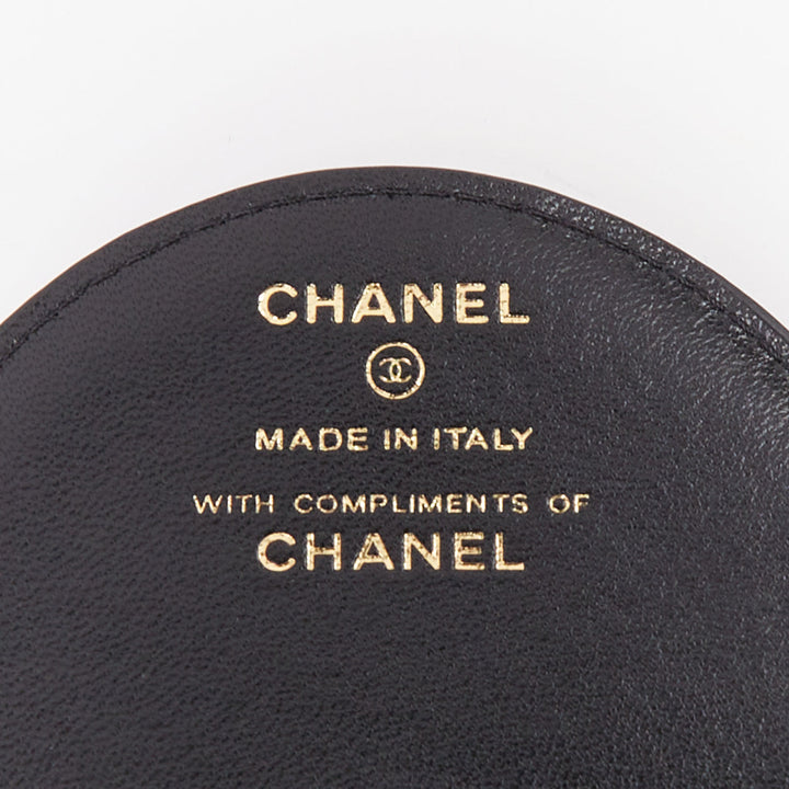 CHANEL black quilted lambskin leather CC logo chain round luggage tag