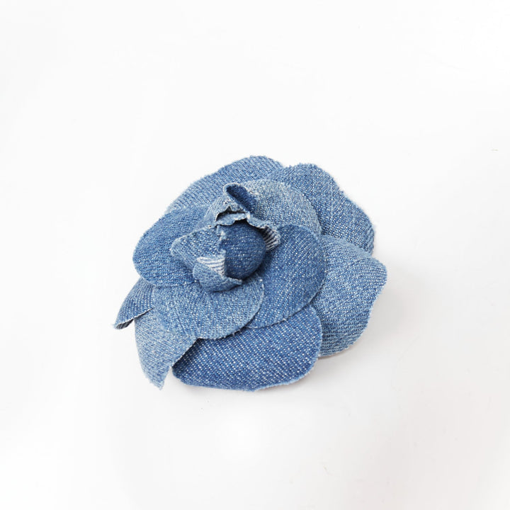 CHANEL 08P Denim Camellia Flower Corsage blue frayed cotton pin brooch