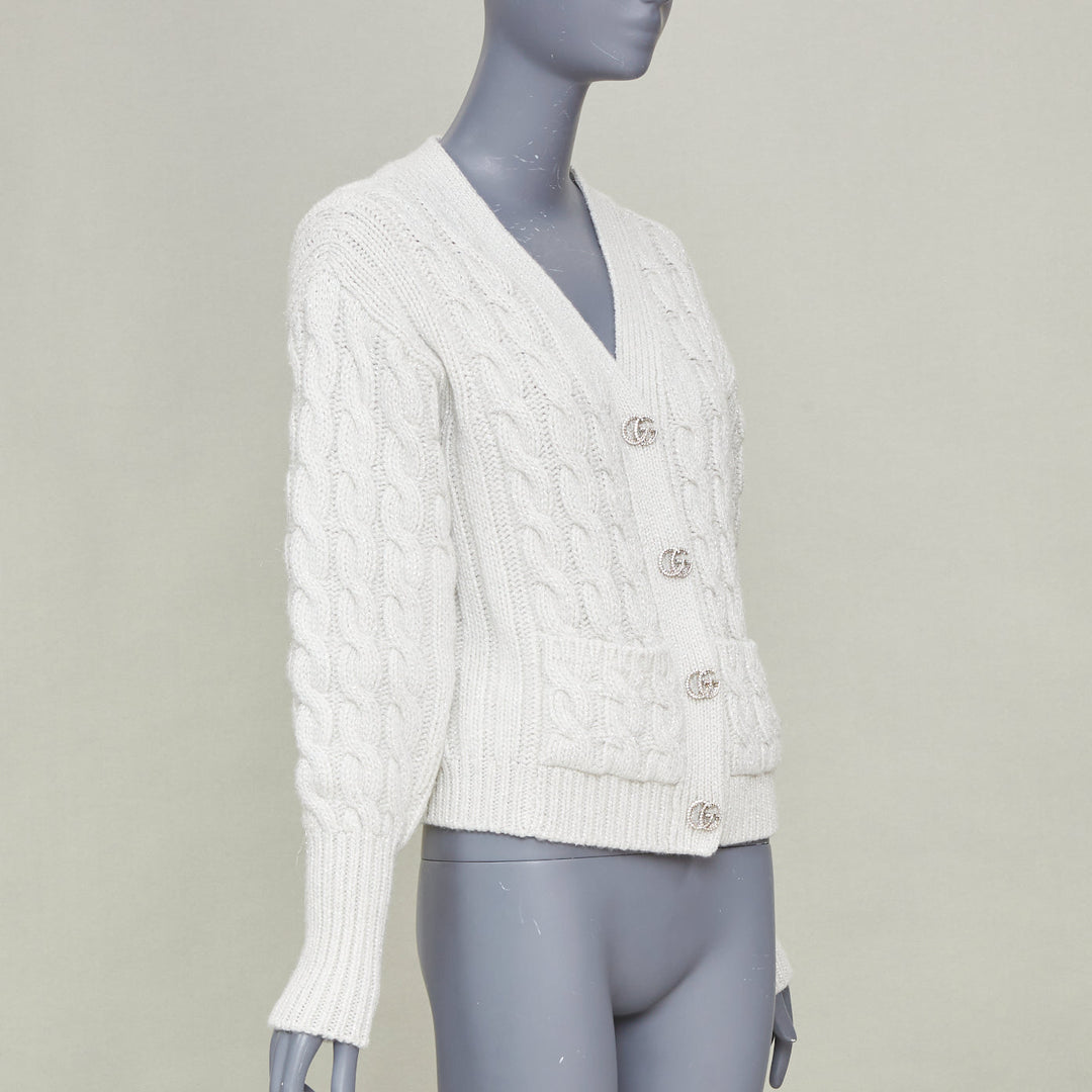 GUCCI 2024 Runway grey lurex metallic cable knit wool cashmere cardigan XS