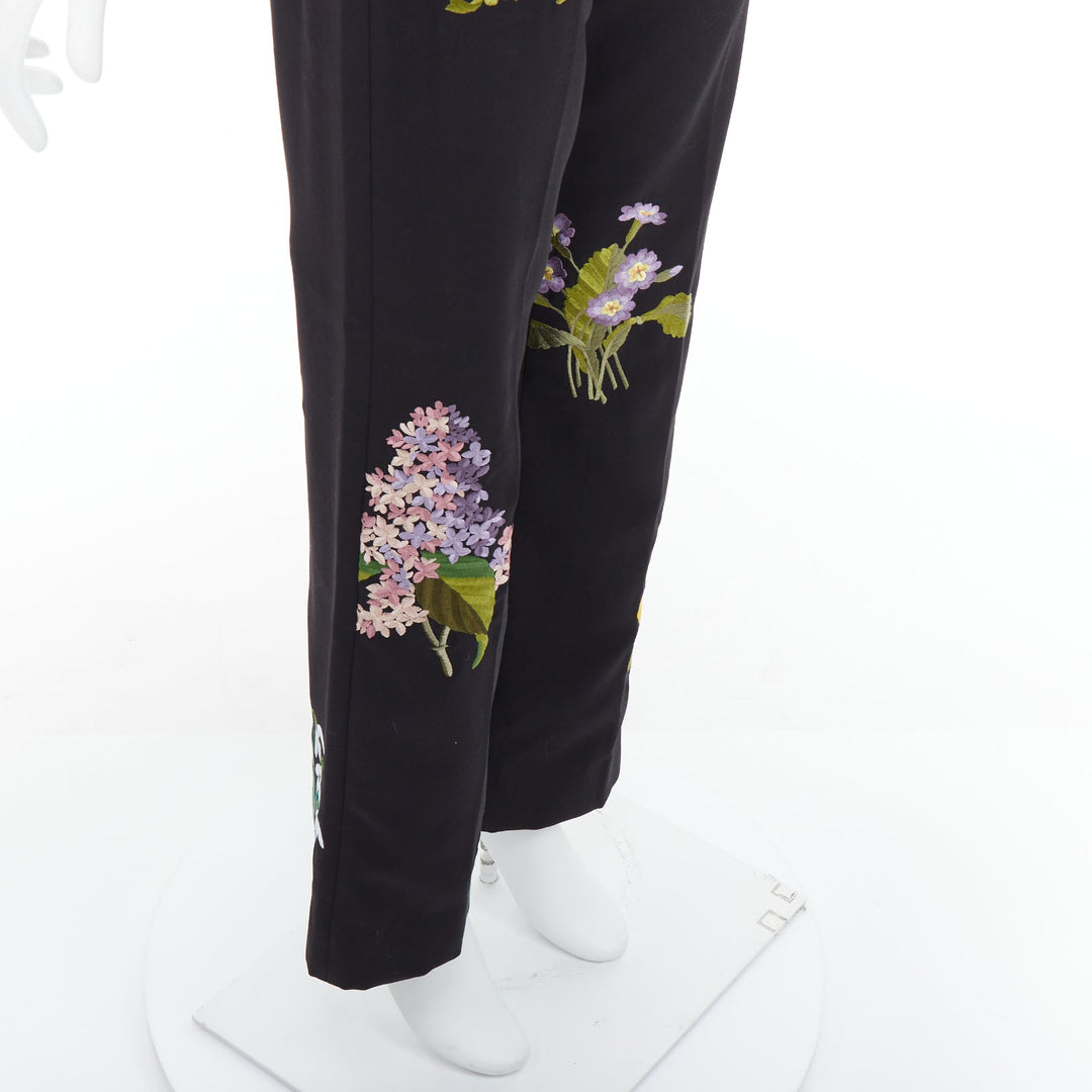 STELLA MCCARTNEY 2015 black 100% wool floral embroidery trousers IT36 XXS