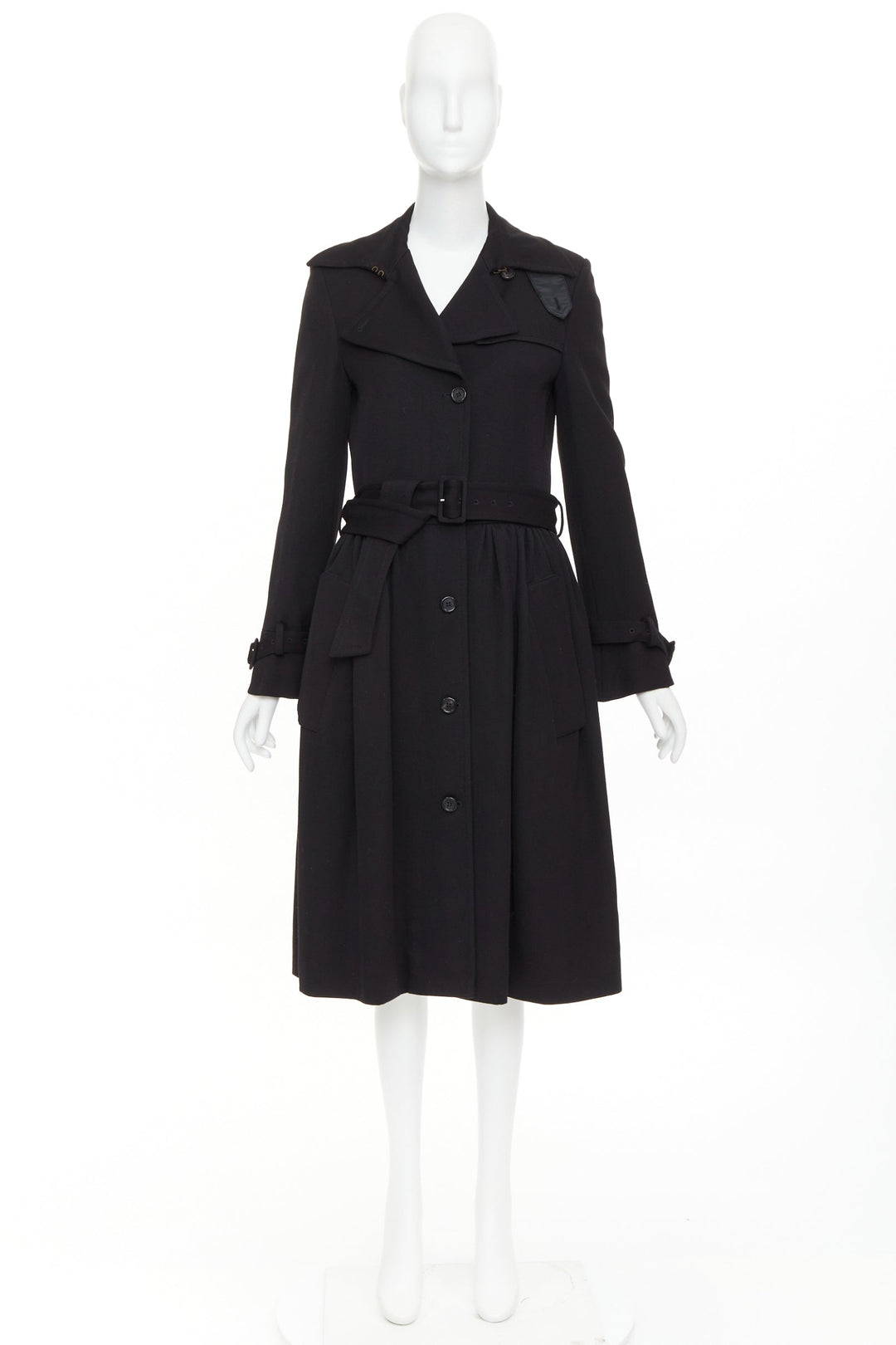 VIKTOR & ROLF black wool twill ruched waist gun flap long trench coat IT38 XS