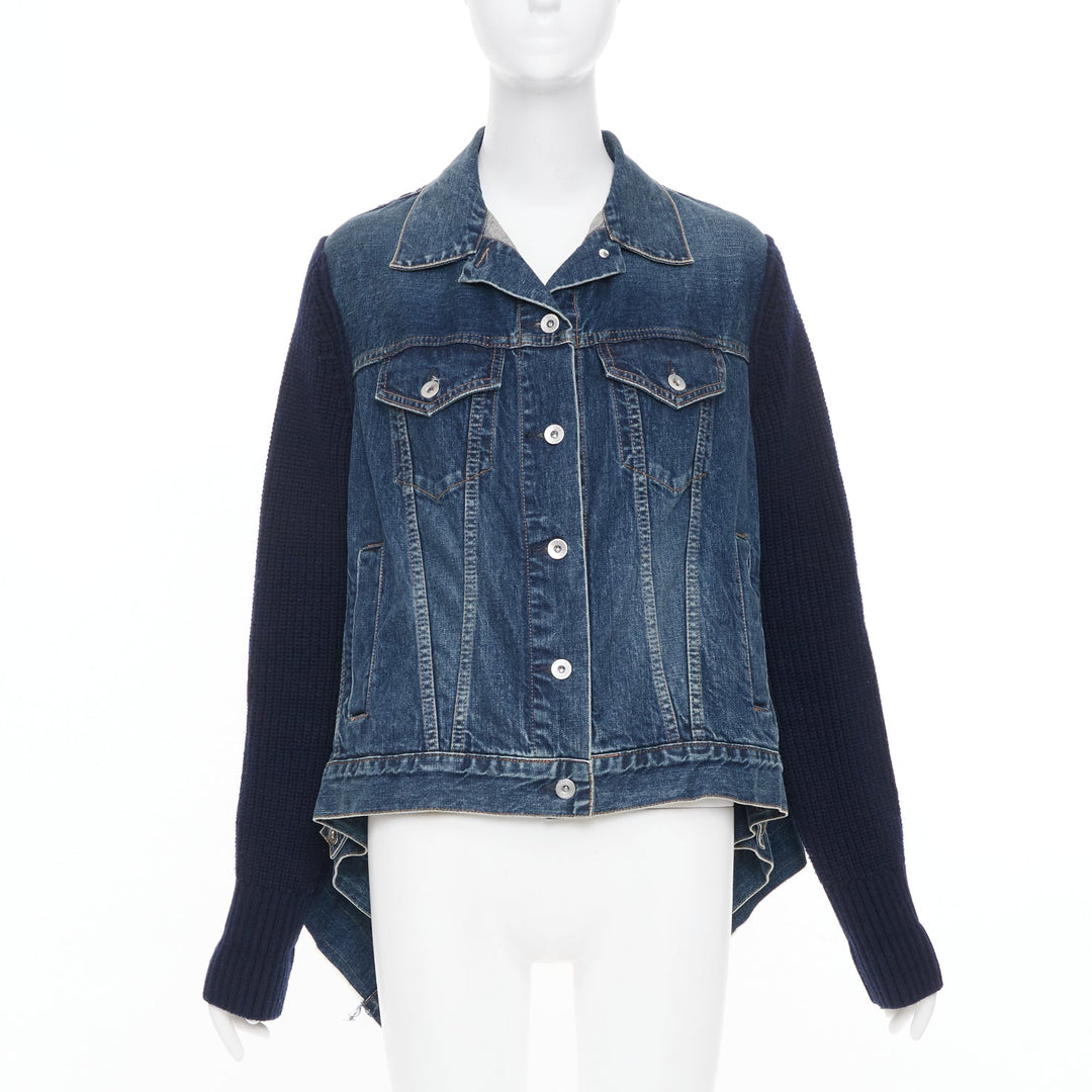 SACAI 2020 Denim Knit Hybrid asymmetric raw hem blue cotton jacket JP2 M