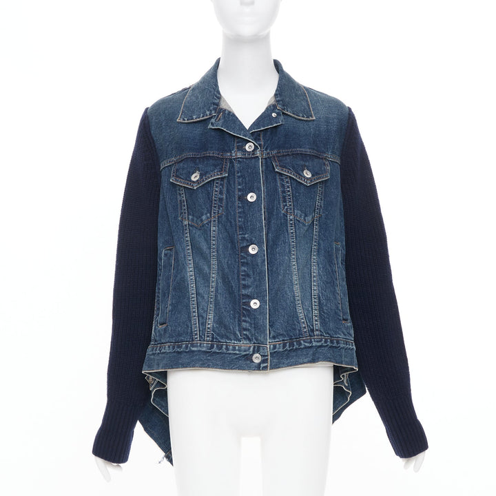 SACAI 2020 Denim Knit Hybrid asymmetric raw hem blue cotton jacket JP2 M