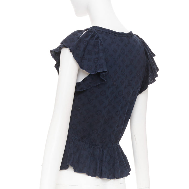 LOUIS VUITTON black monogram denim ruffle keyhole cap sleeve peplum blouse S