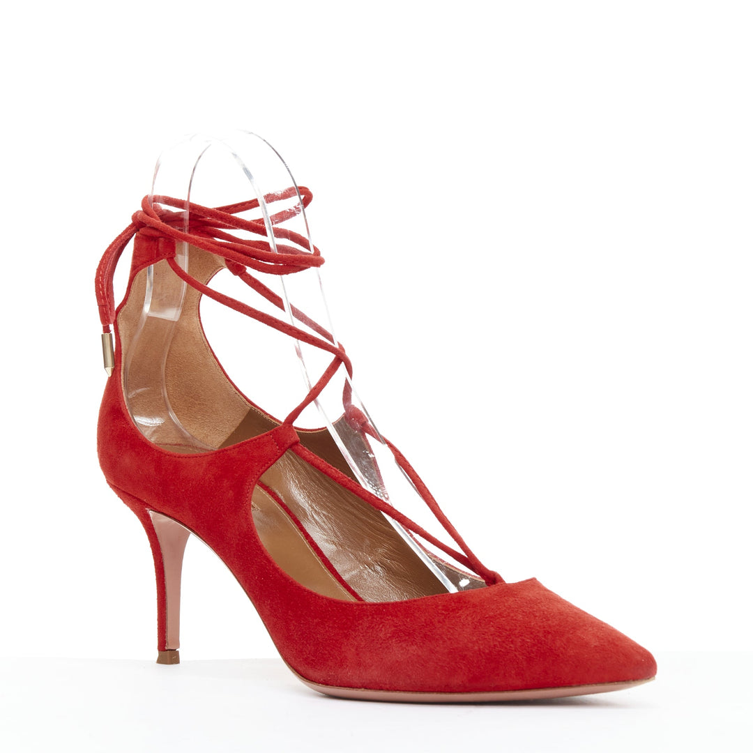 AQUAZZURA Christy 75 red suede leather lace up mid pumps EU39.5