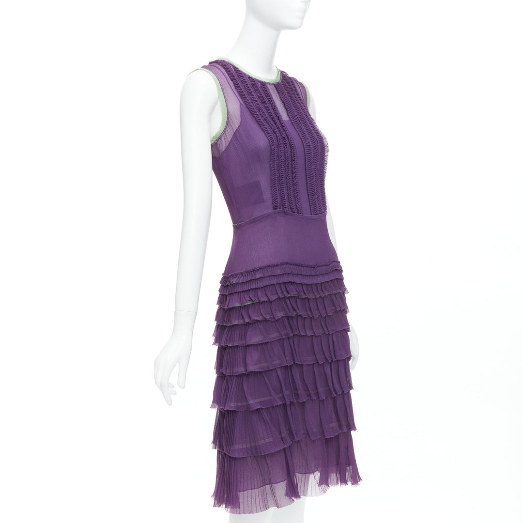 PRADA Vintage 100% silk purple green trim pleated tiered dress IT38 XS