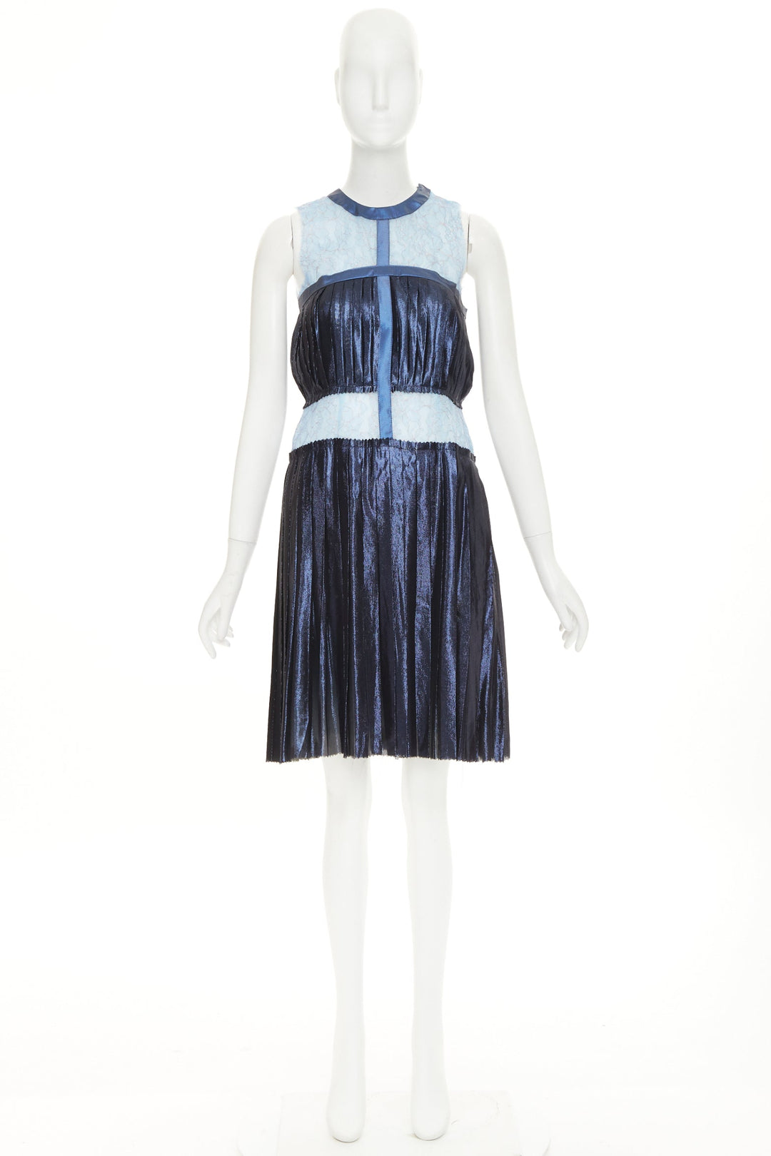 RODARTE 2008 Runway metallic blue silk blend pleated knee dress US6 M