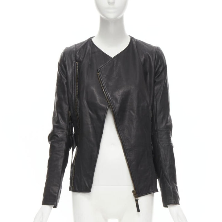 BALENCIAGA 2009 black lambskin leather asymmetric collar biker jacket FR36 XS