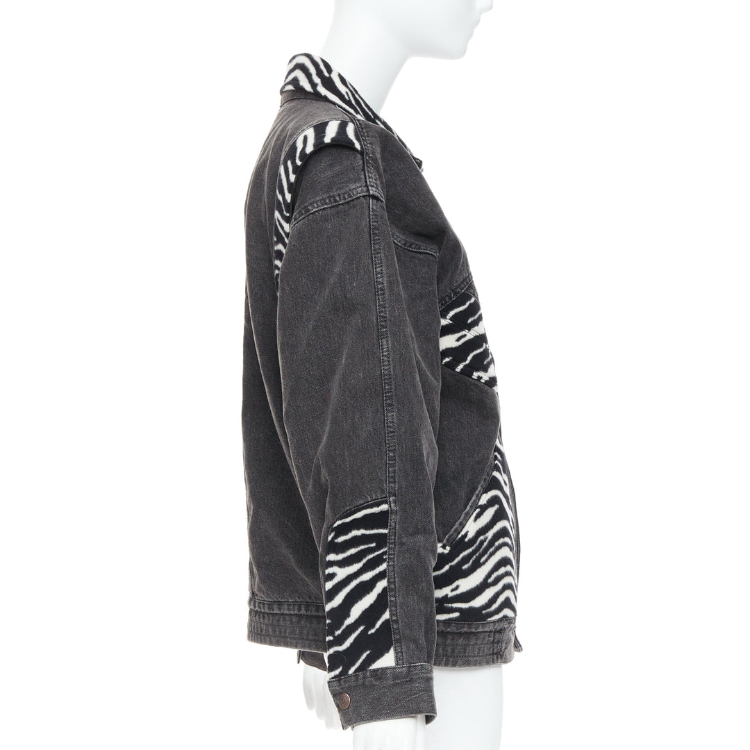 CELINE Hedi Slimane black white zebra wool patch denim jacket S