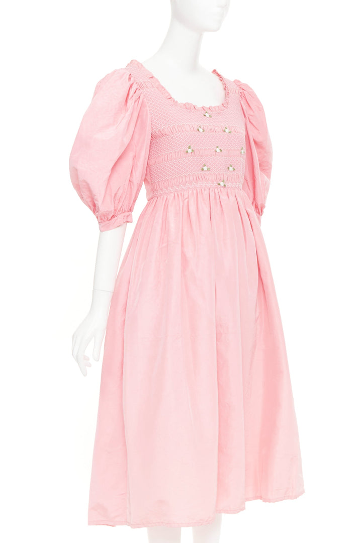 MIU MIU 2020 pink silk white flower embroidered smocked Cottage dress IT40 S