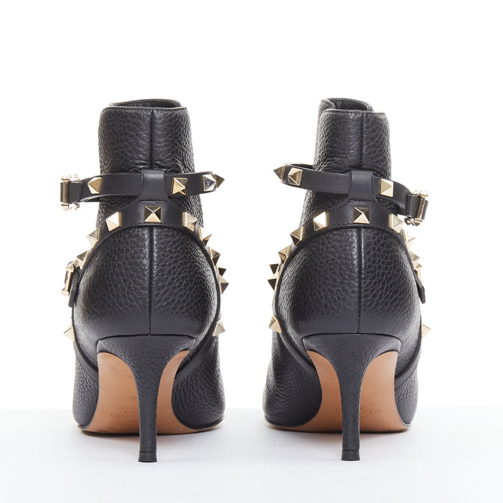 VALENTINO black textured calfskin gold buckle studded short ankle boots EU37