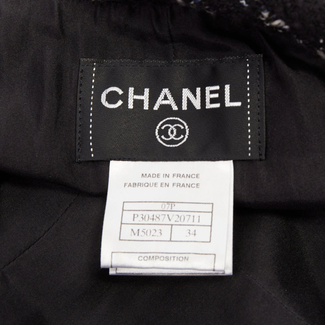 CHANEL 2007 black white check plaid bow collar fringe tweed dress FR36 S