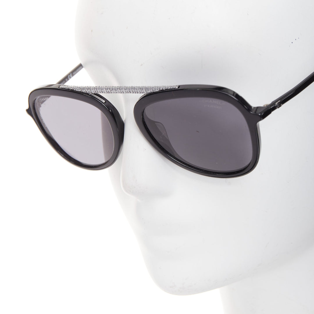 CHANEL 5381A black acetate silver brow bar aviator pilot sunglasses
