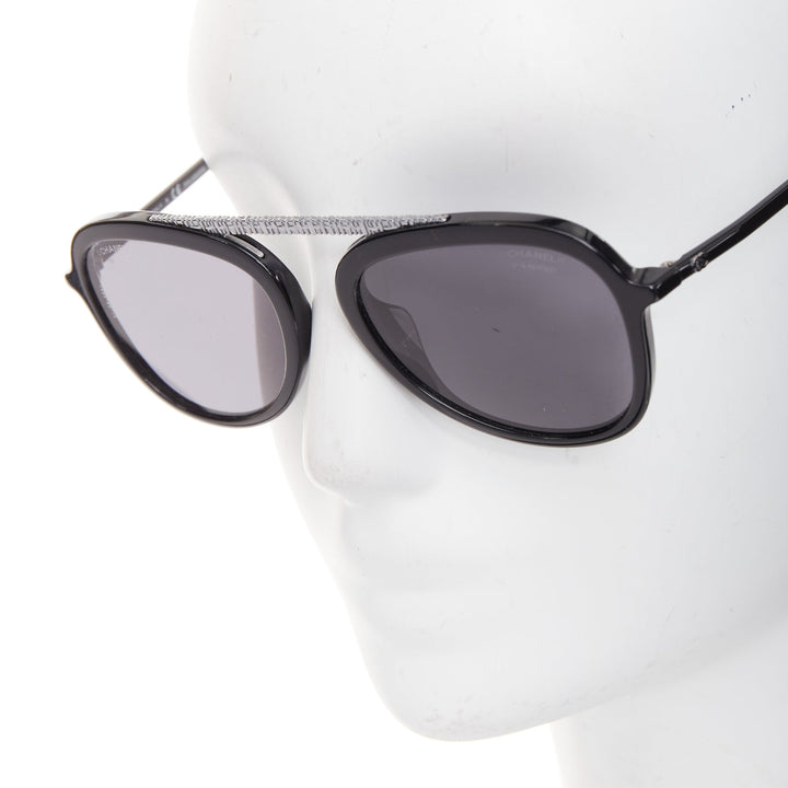 CHANEL 5381A black acetate silver brow bar aviator pilot sunglasses