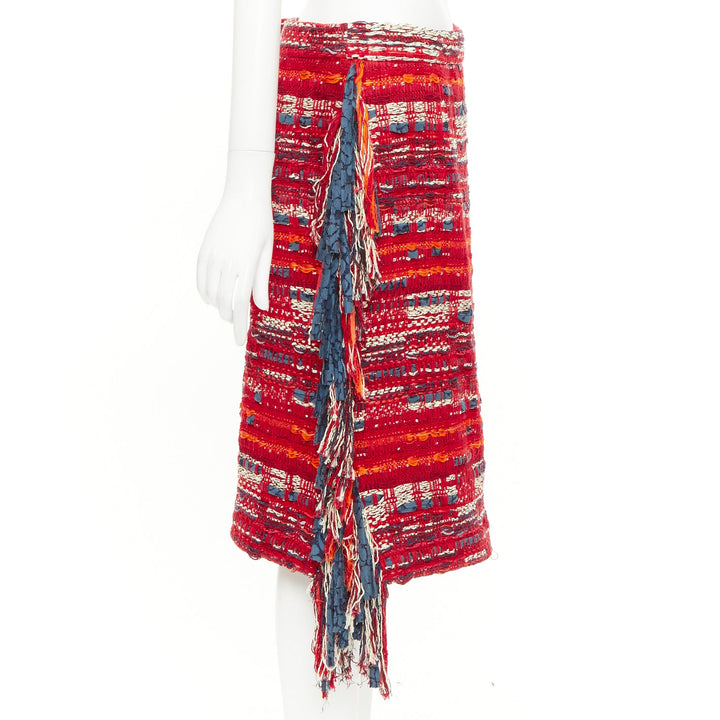 CHANEL 2013 Paris Dallas red multicolor cotton tweed fringe wrap skirt FR40 L