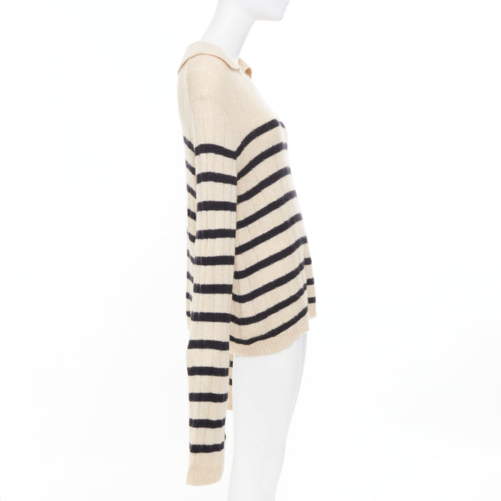 KHAITE 2022 Mateo Butter Black Stripe ribbed cashmere wide collar sweater S
