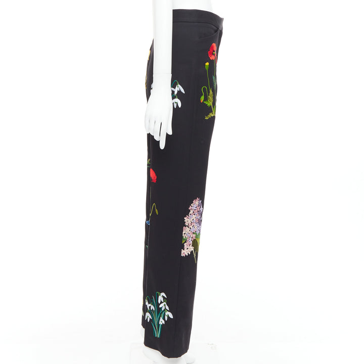 STELLA MCCARTNEY 2015 black 100% wool floral embroidery trousers IT36 XXS