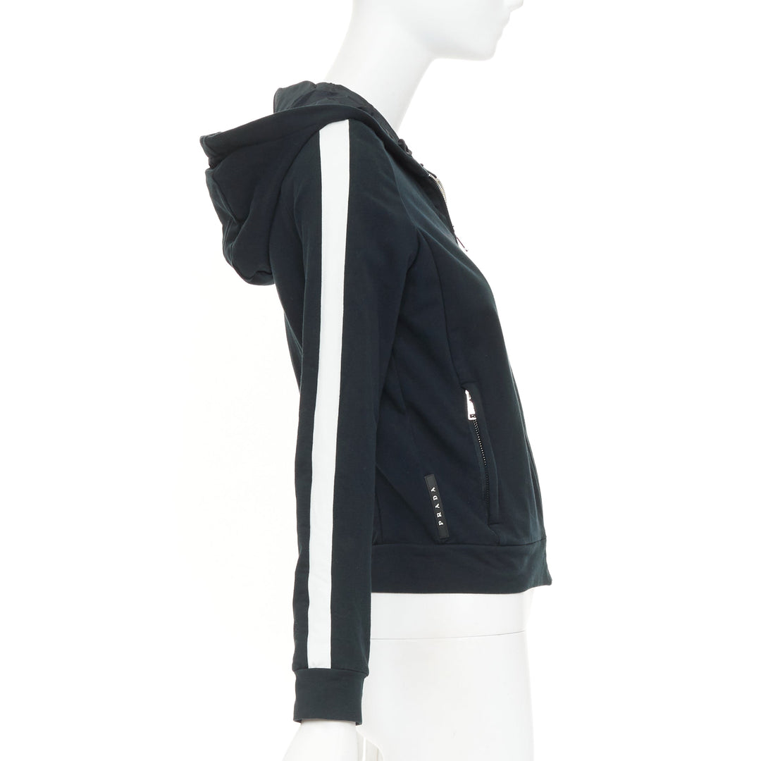 PRADA 2019 Linea Rossa navy white striped zip front logo side cropped hoodie M
