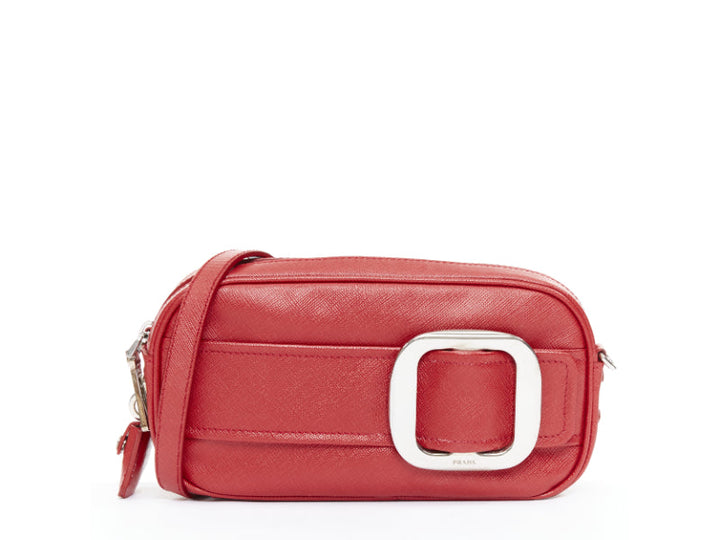PRADA 2011 Runway Saffiano Buckle Camera red leather silver buckle crossbody bag