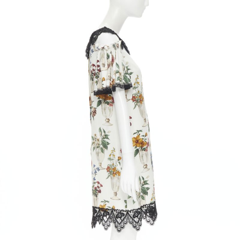 DOLCE GABBANA silk vase floral lace cold shoulder flared dress IT38 XS