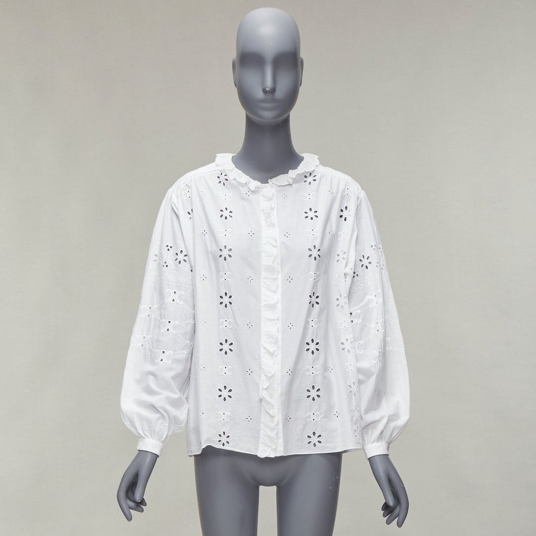 CELINE white triomphe logo lace eyelet embroidery peasant shirt FR40 L