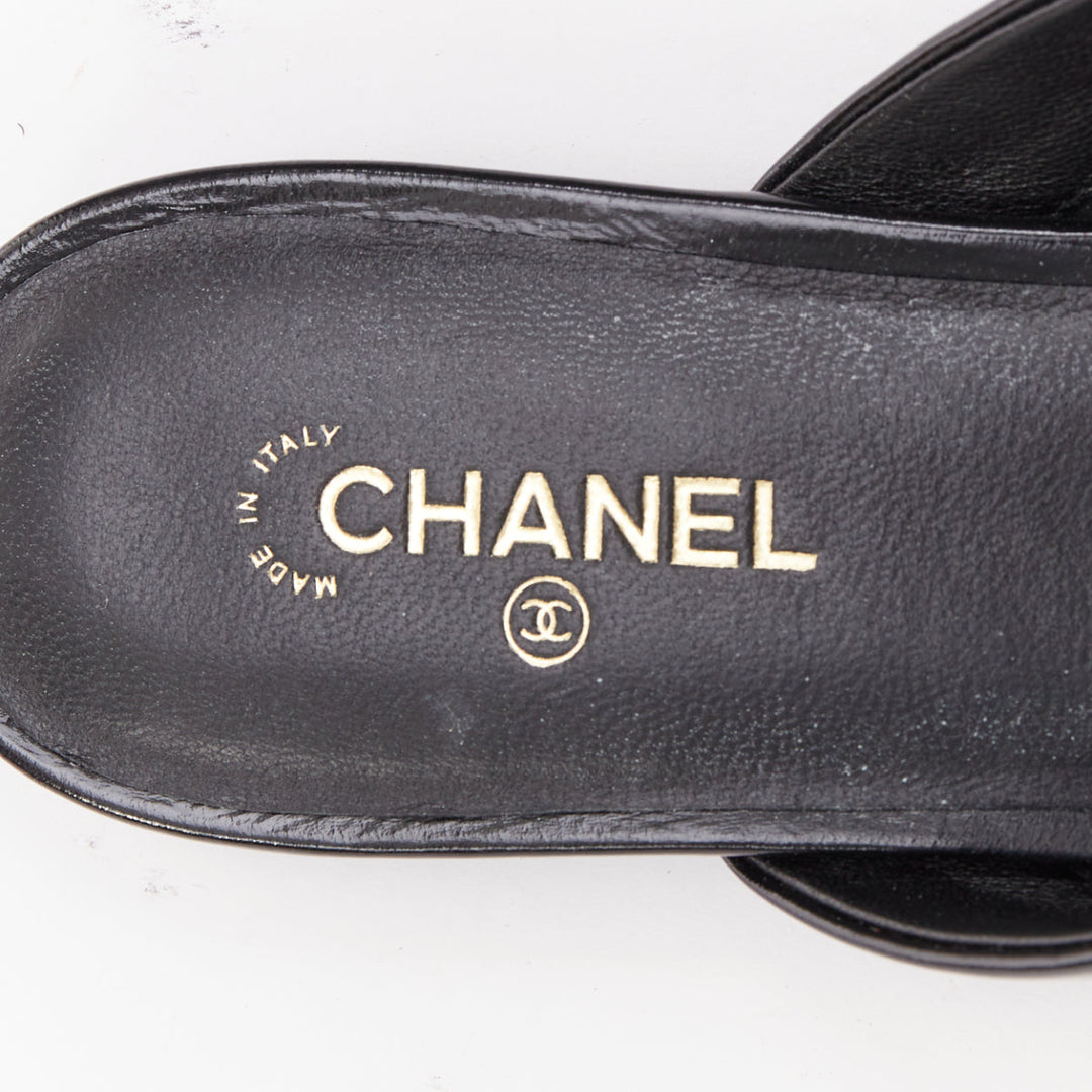 CHANEL 25P black patent leather silver CC logo bow pointy mule slippers EU37.5