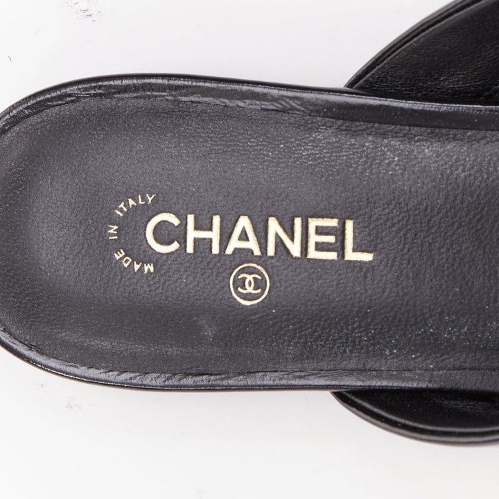 CHANEL 25P black patent leather silver CC logo bow pointy mule slippers EU37.5