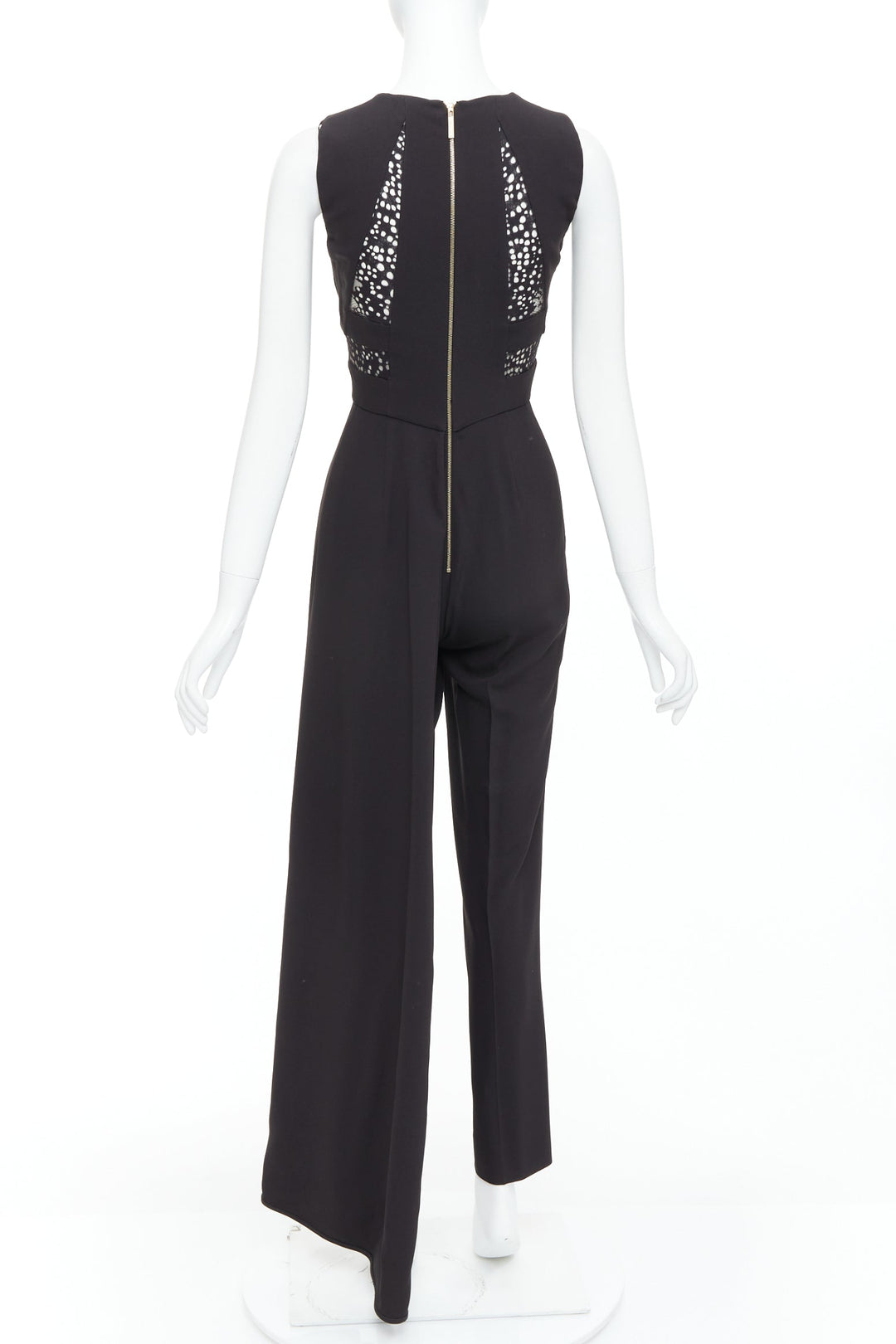 ELIE SAAB black sheer panels drape asymmetric V neck jumpsuit FR36 S