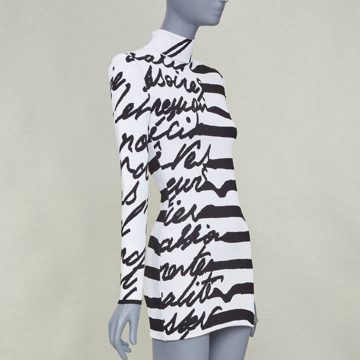 BALMAIN white black script stripe jacquard mock neck knit zip dress FR34 XXS