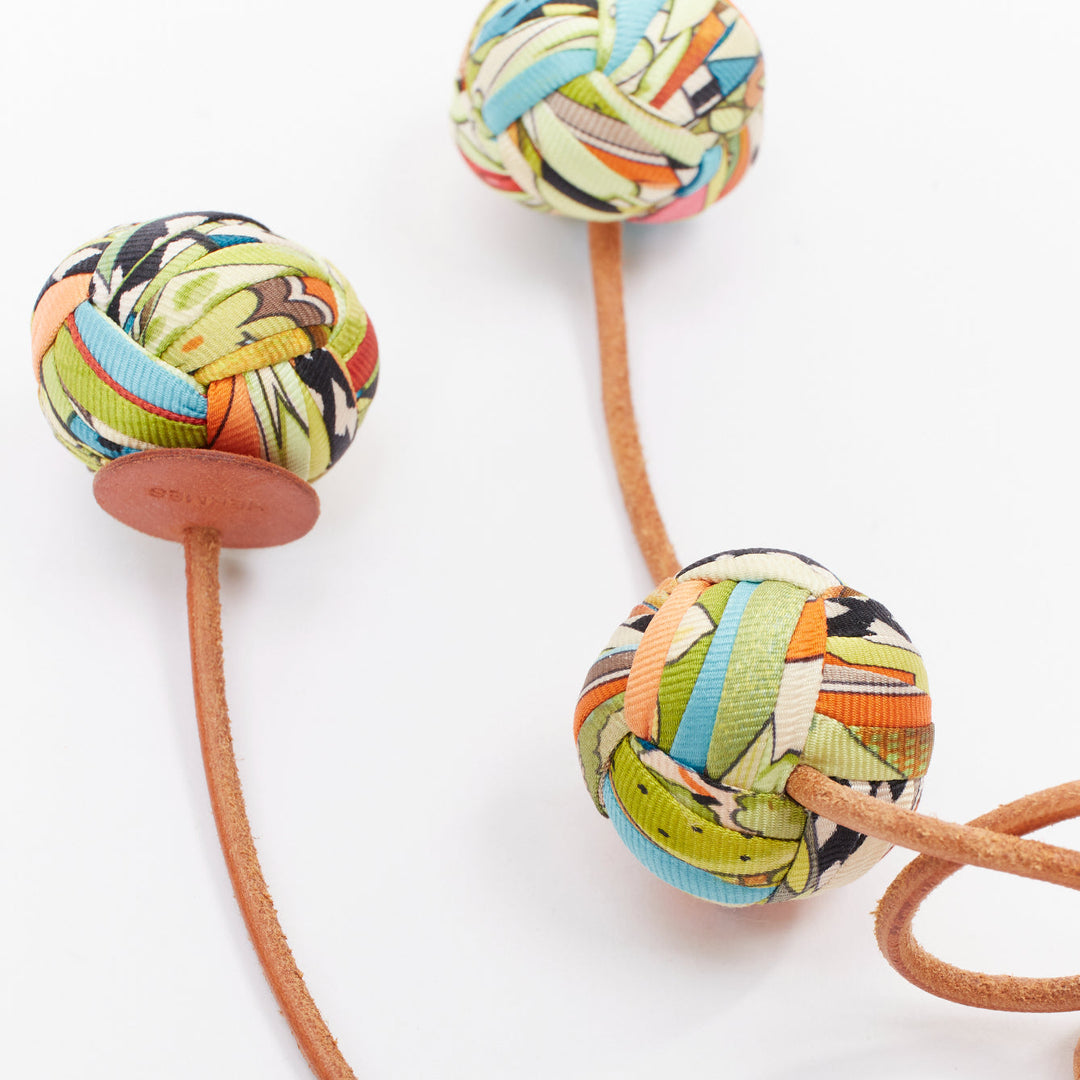 rare HERMES Silk Et Cuir Pompons Bag Charm  silk pompom leather cord bag charm