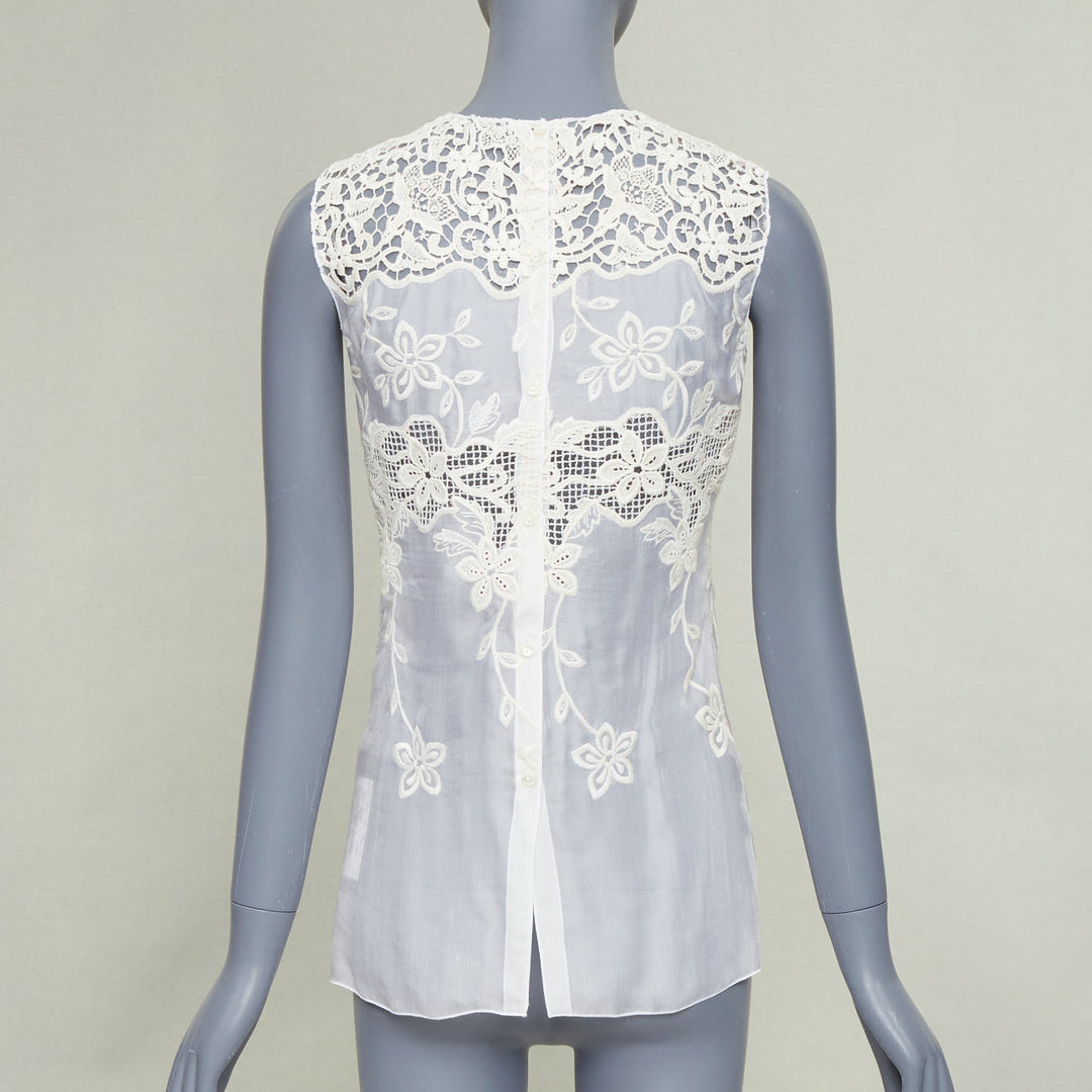 DOLCE GABBANA white beige silk cotton floral embroidered lace crew top IT36 XXS