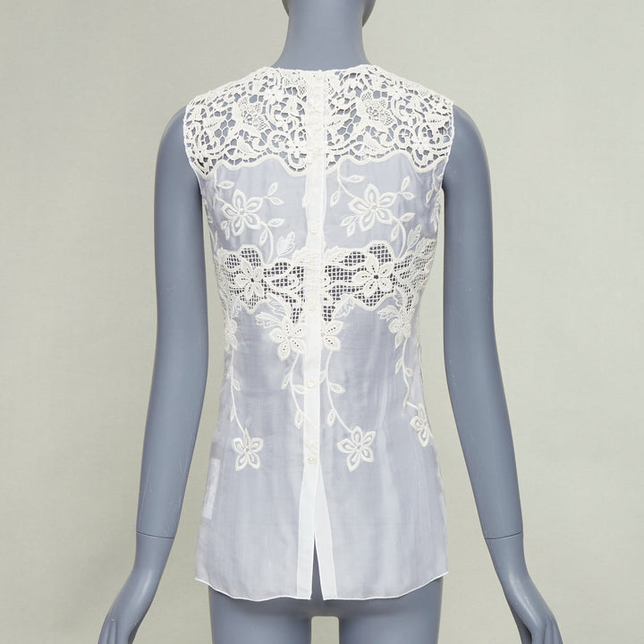 DOLCE GABBANA white beige silk cotton floral embroidered lace crew top IT36 XXS
