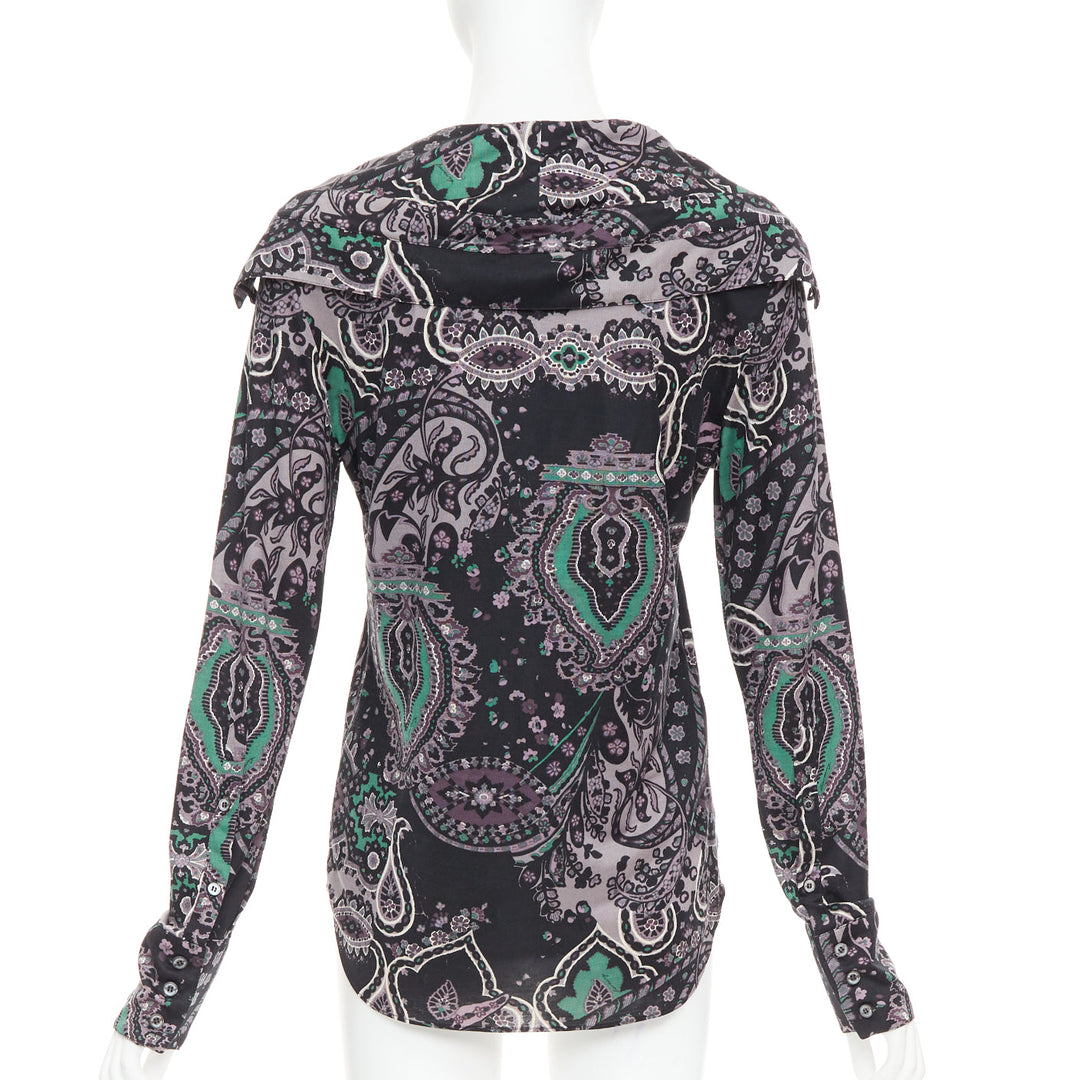 BURBERRY 100% silk black purple green grey paisley print dress shirt M