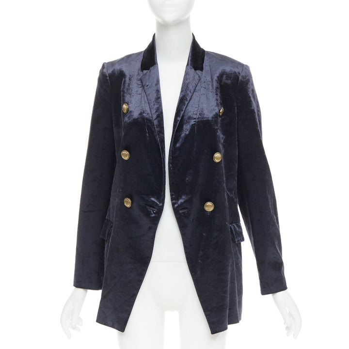 BRUNELLO CUCINELLI navy velvet brass logo buttons double breasted blazer IT40 S