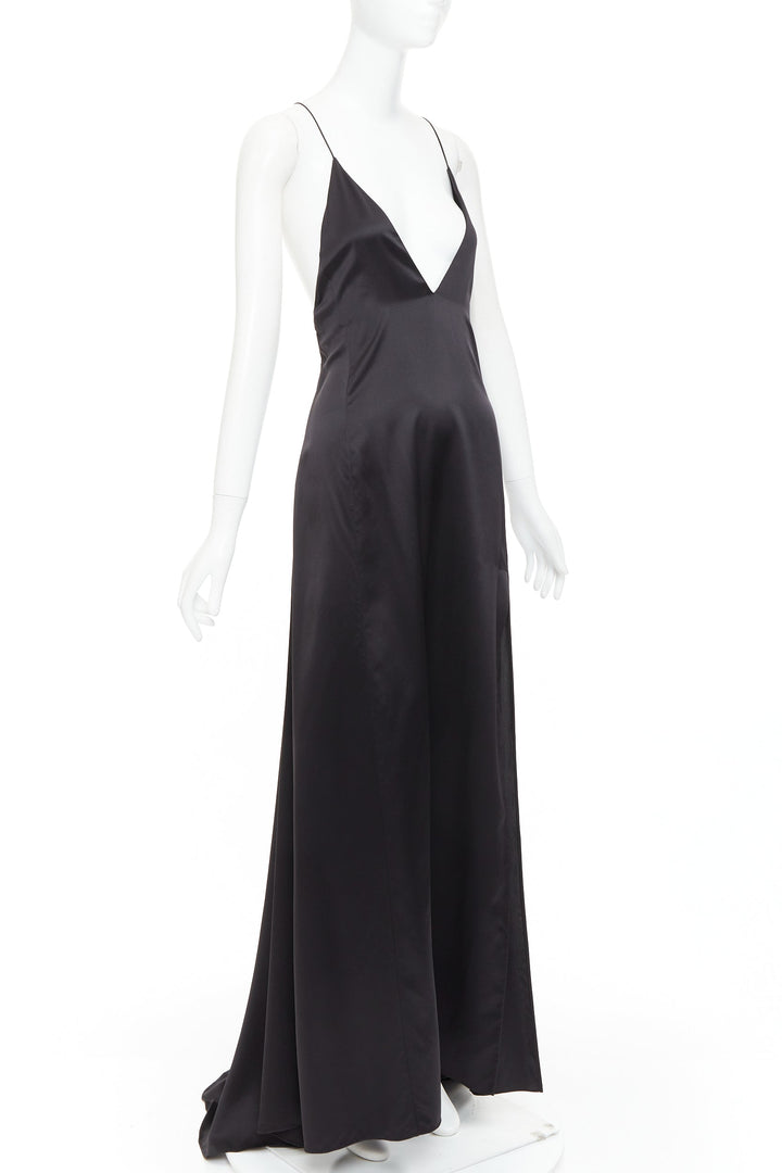SAINT LAURENT 2022 Runway black silk plunge open back high slit slip gown FR40 M