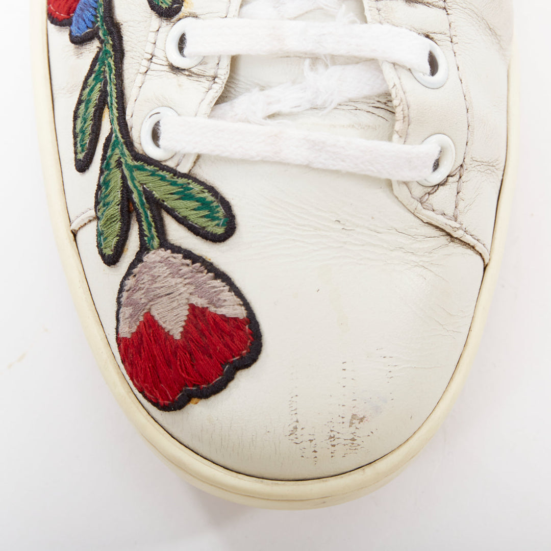 GUCCI Ace white leather pink floral embroidered patch sneakers EU37.5