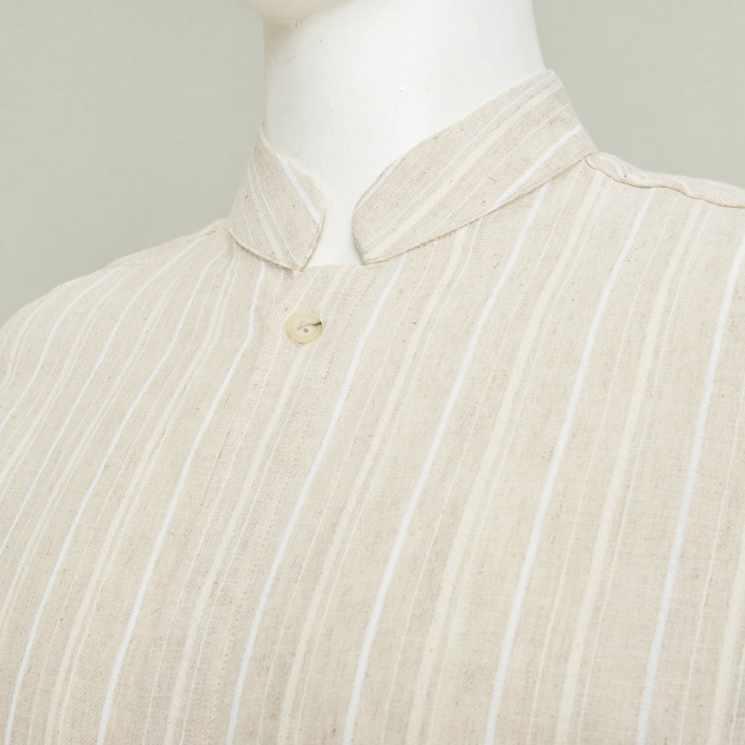 ADAMO beige vertical stripe mandarin collar button up long sleeve shirt M