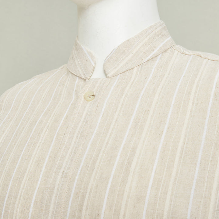 ADAMO beige vertical stripe mandarin collar button up long sleeve shirt M