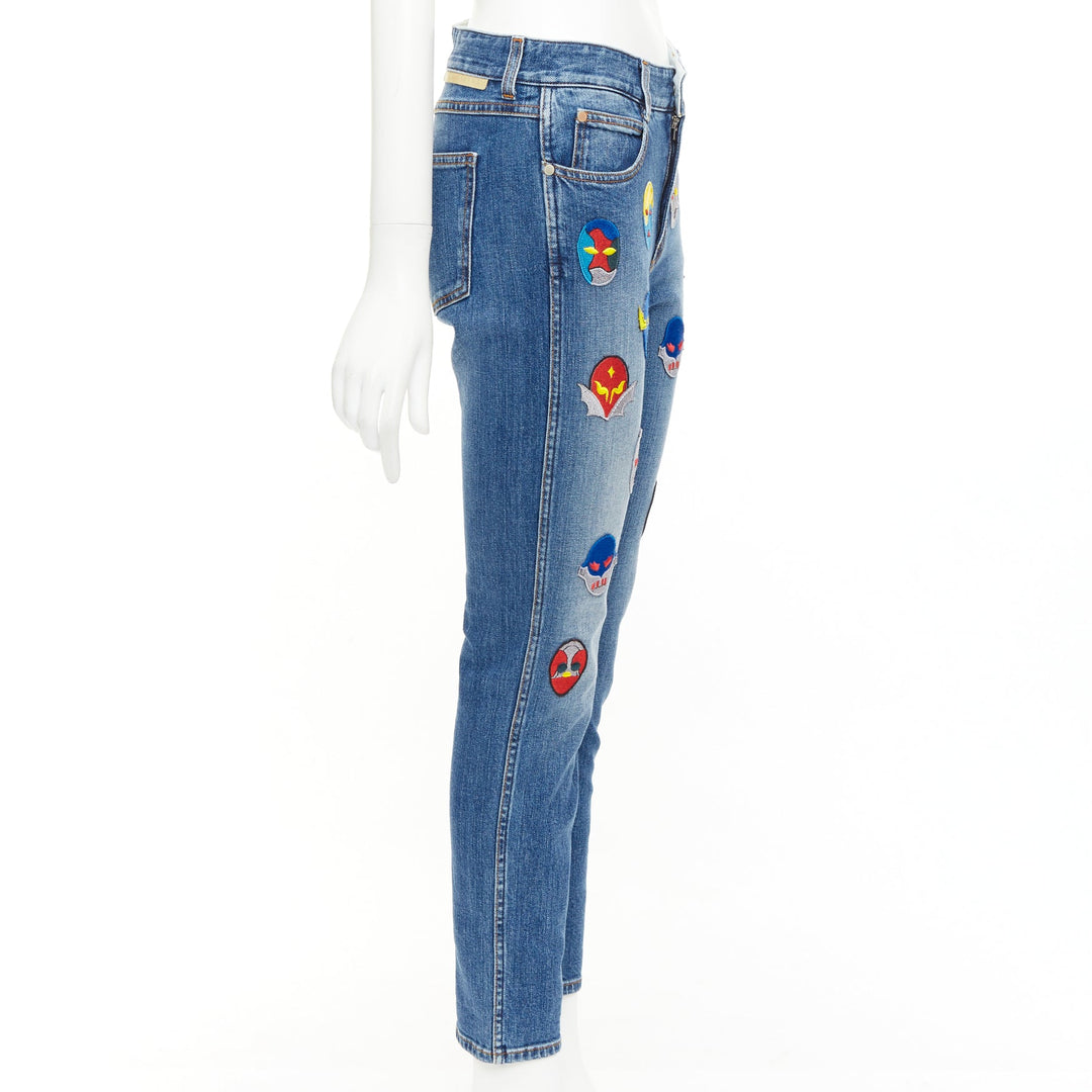 STELLA MCCARTNEY 2014 yellow blue superhero patch cropped jeans 25"