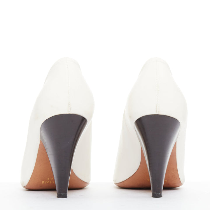 OLD CELINE Throat cream smooth leather ballerina black coned heeled pumps EU35