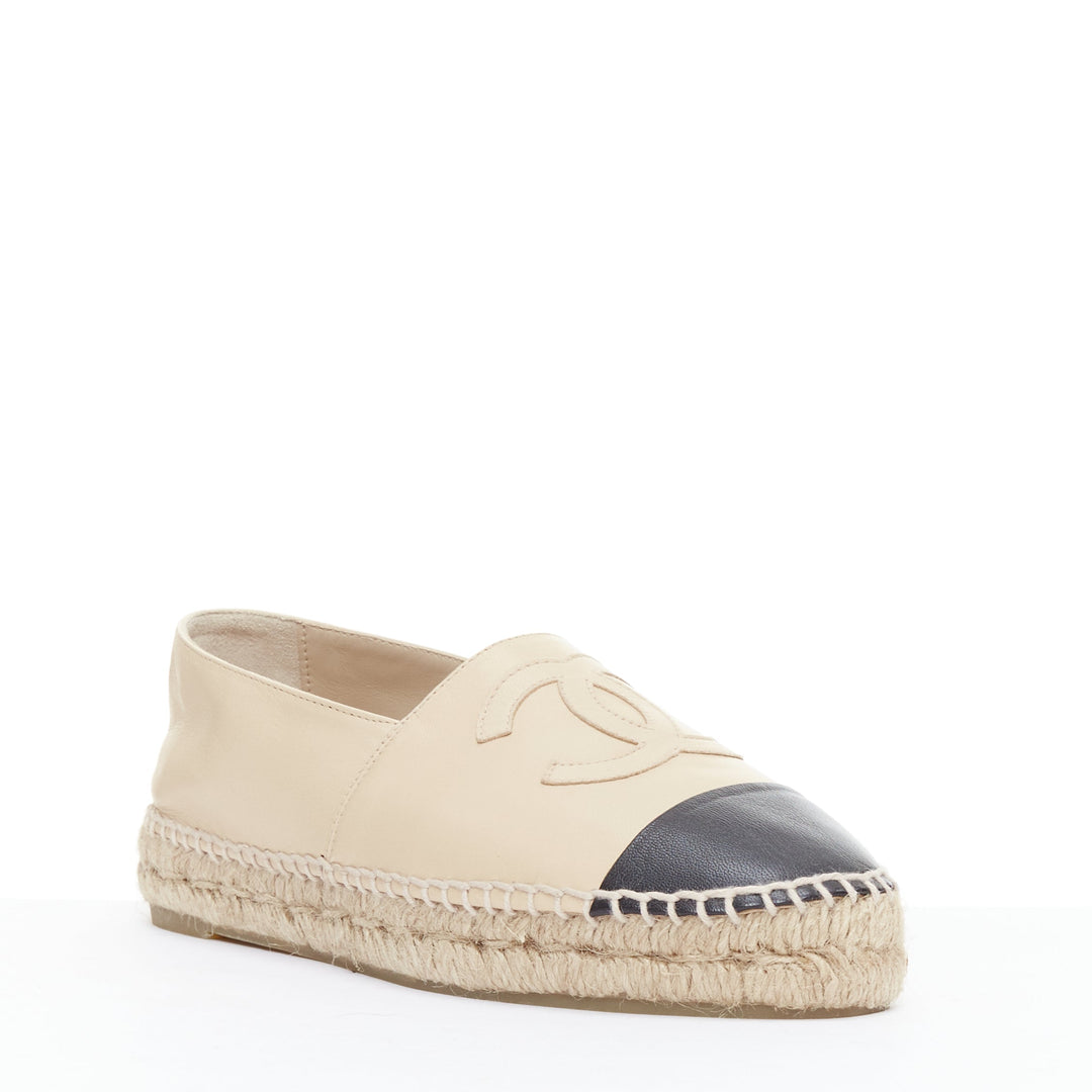 CHANEL nude black leather CC logo jute midsole espadrilles EU37