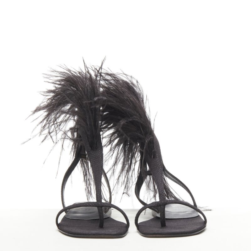rare HELMUT LANG Vintage black feather trim T-strap open toe flat sandals EU36